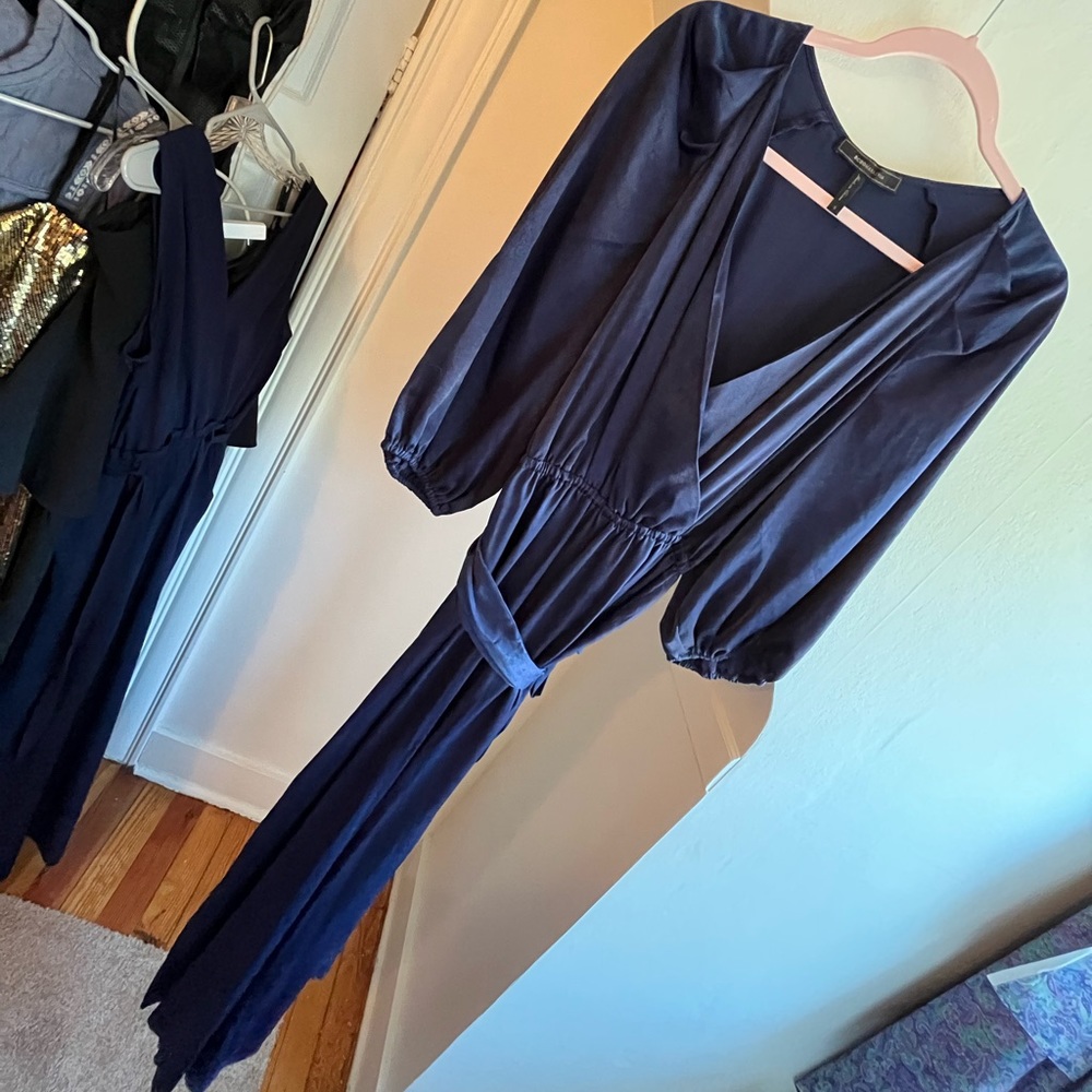 BCBG MAX AZRIA Navy Blue Polyester Long Sleeve Wide Leg Jumpsuit